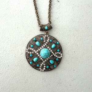 Long Turquoise Diamond Necklace Medallion Southwest Brass